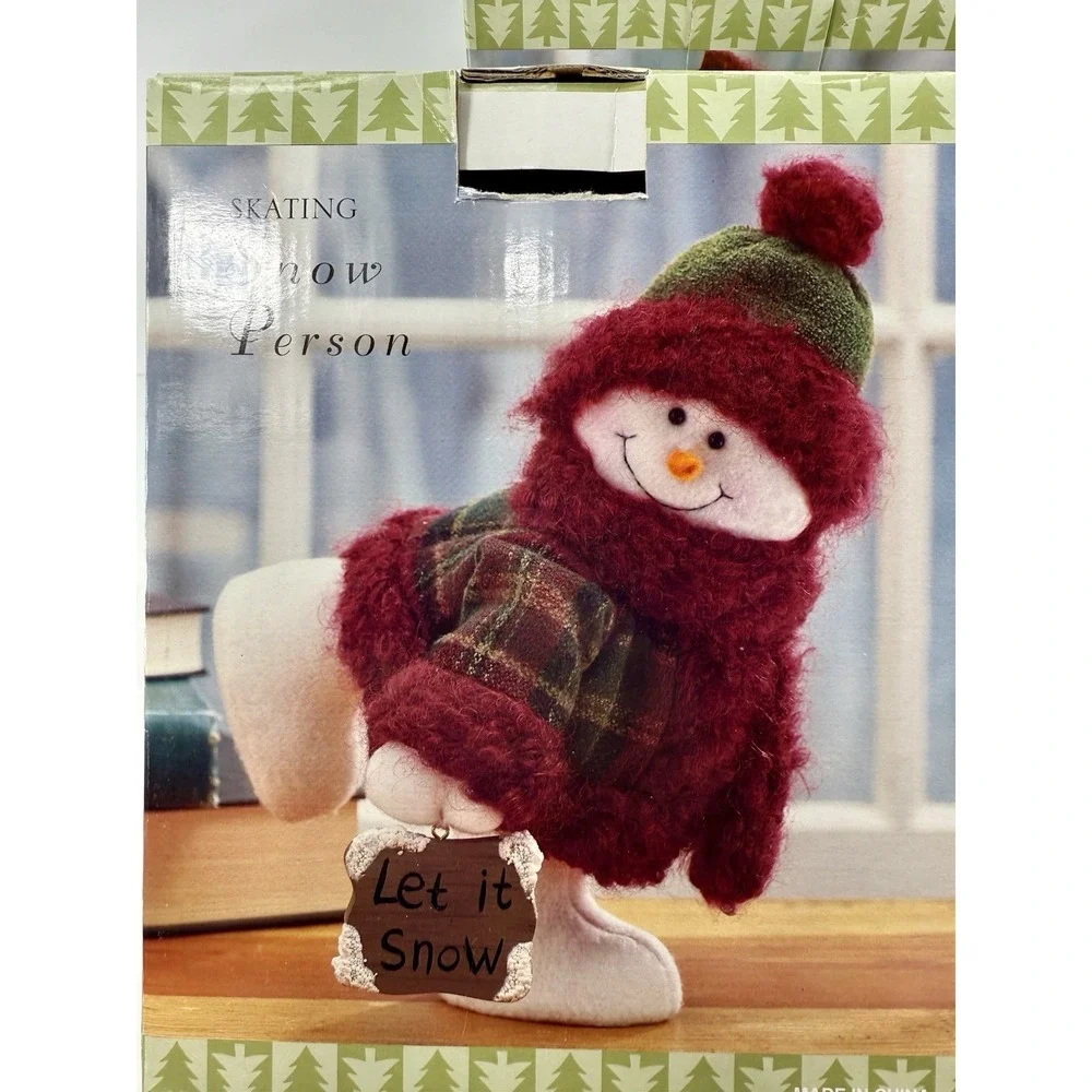 Lot of 3 Skating Snow Person Plush Decor Figures Bucket Sign Garland Skates 9.5